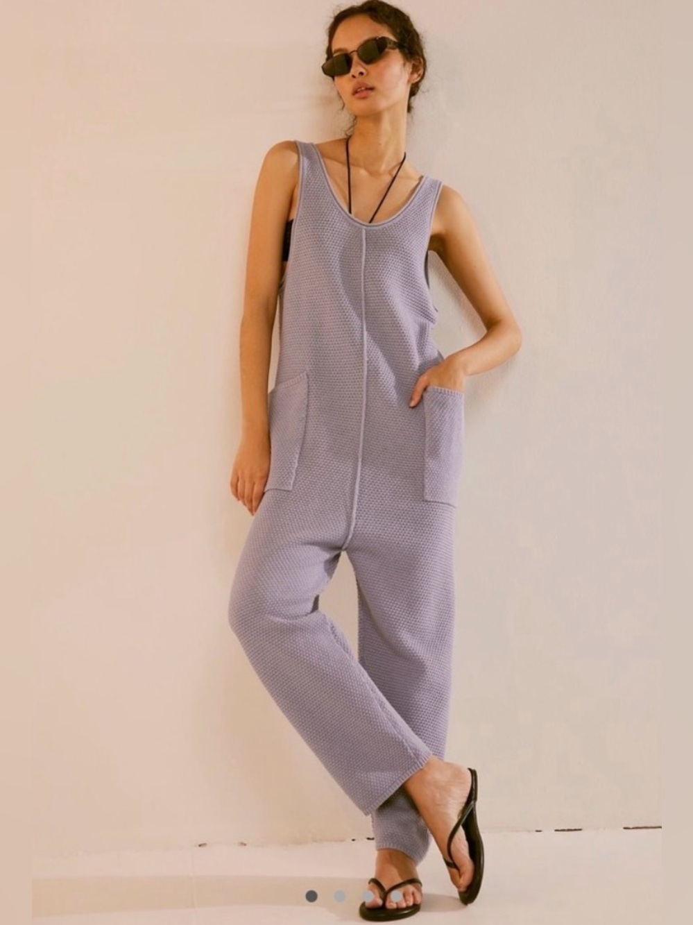 Free People Hailee Sweater Jumper Lilac XS Waffle Knit Cotton Jumpsuit Pockets